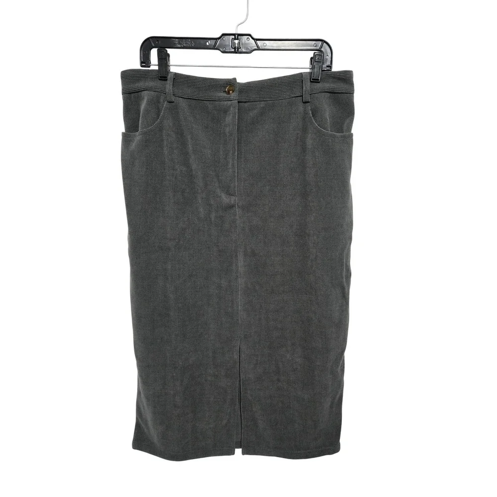 PrettyGarden Womens Corduroy Midi‎ Skirt Grey Chenille Pencil Slit Size 16 NWT